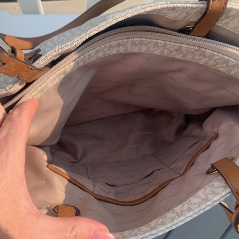 Michael KORS TOTE PURSE BAG with MK logo Gold Tan Brown Gray - Picture 7 of 9